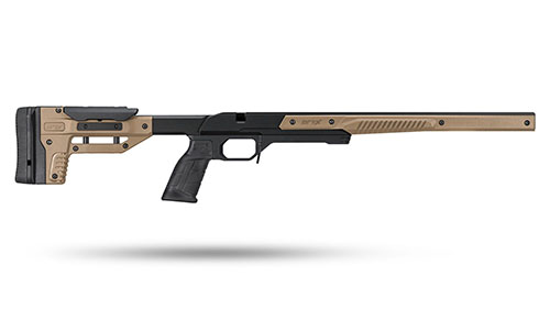 ORYX Sportsman Chassis forbedrer presisjon og ergonomi med V-formet bedding, justerbar kolbe, og støtte for AR15 grep og M-Lok tilbehør.